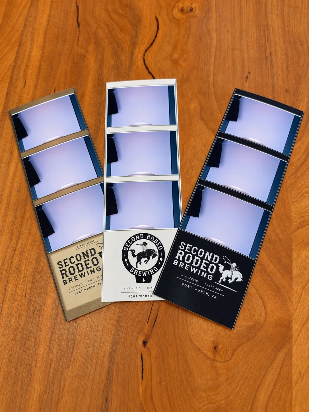 Three custom Second Rodeo Brewing photo strip designs printed by Experience Vending, Fort Worth, TX